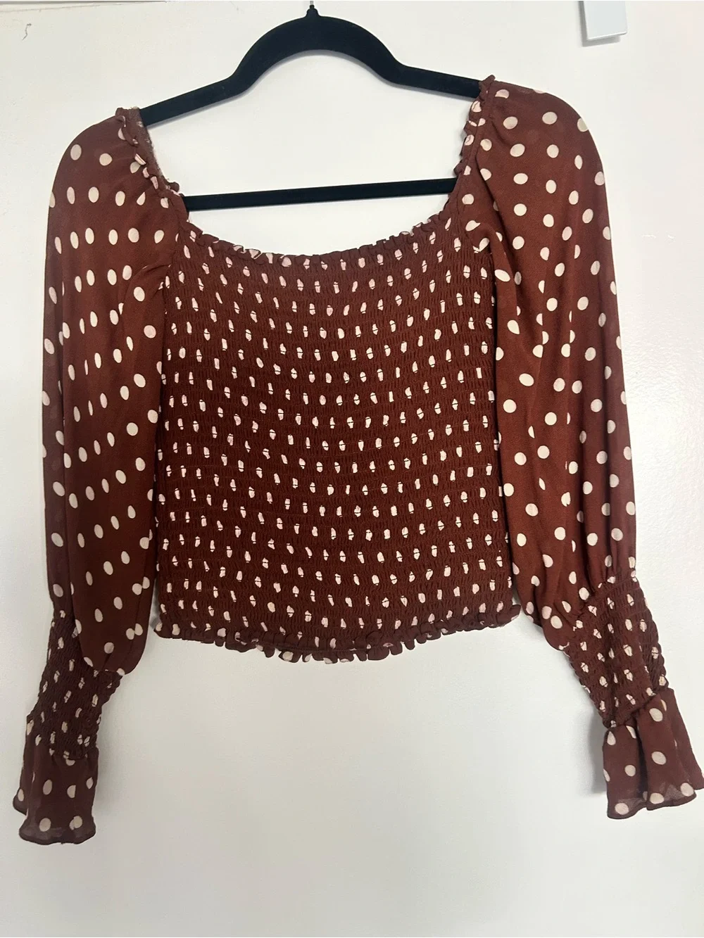 Reformation Brown Polka Dot Smocked Peasant Blouse